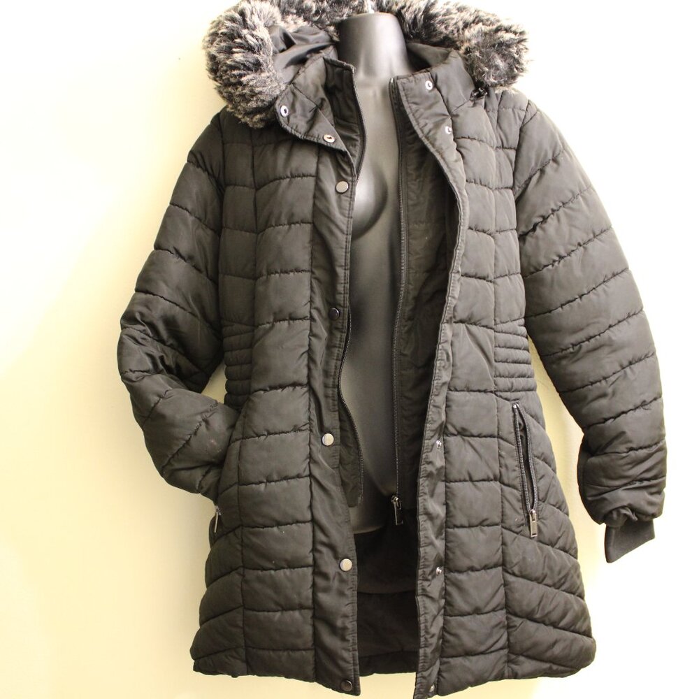 Novish Collection Black Quilted Faux Fur Hooded Puffer Coat Women’s L Long Winte - Picture 4 of 12
